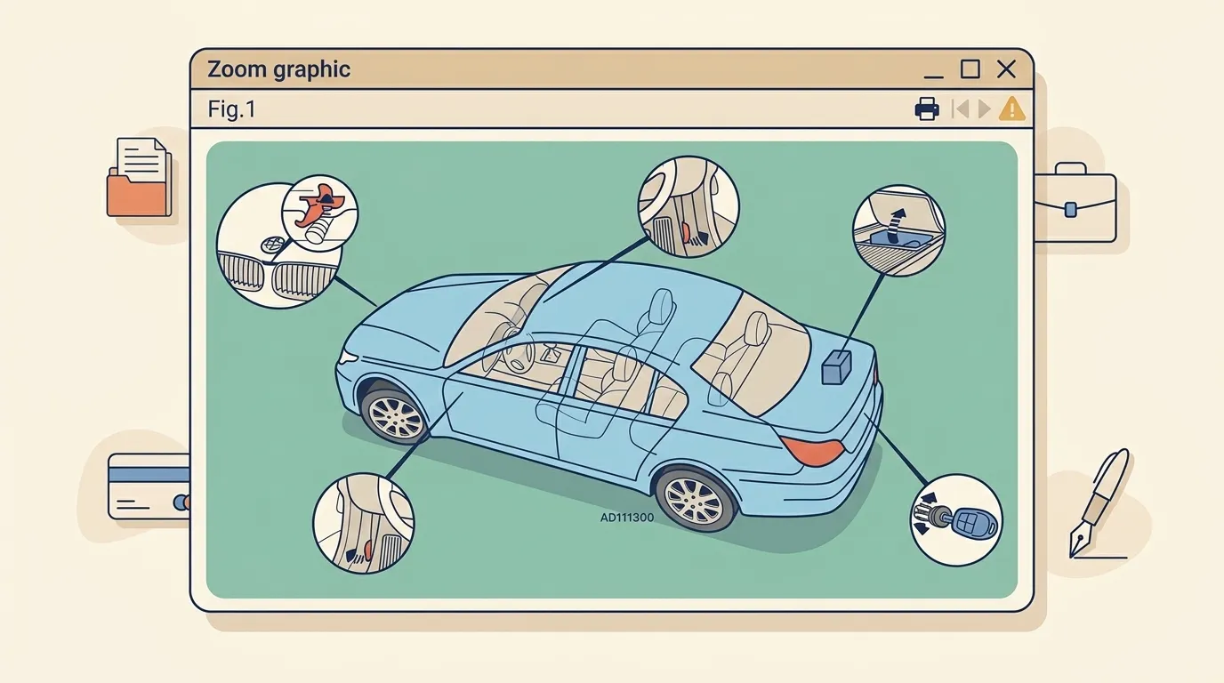 Diagramme de voiture bleue avec détails intérieurs et accessoires
