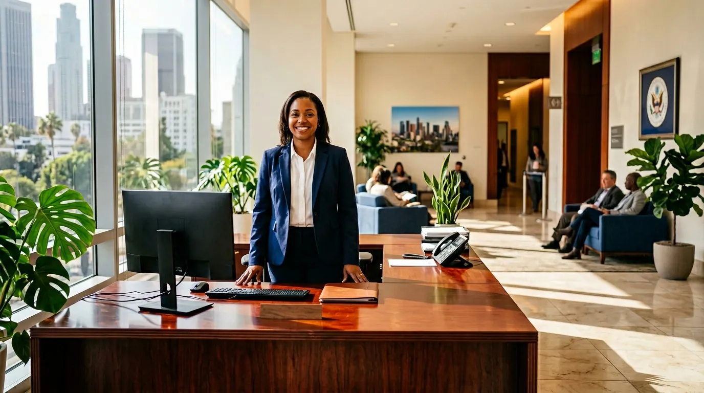 Femme d'affaires souriante à son bureau dans gratte-ciel
