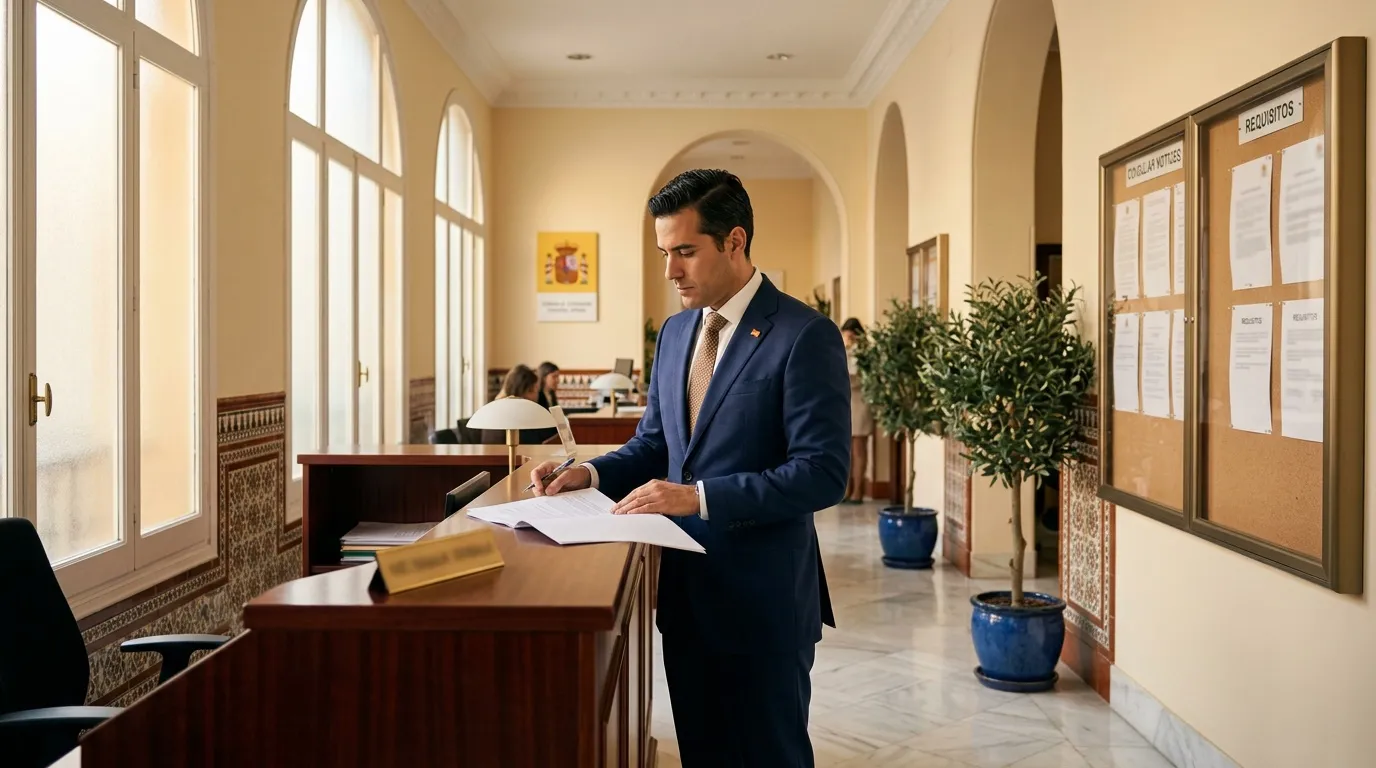 Homme en costume bleu consultant des documents dans un couloir administratif