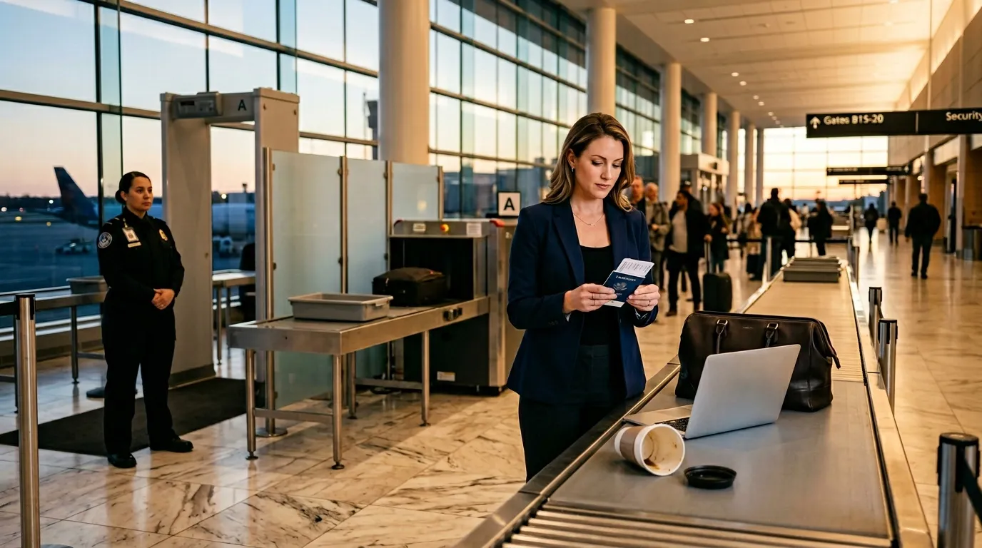 Femme présentant son passeport au contrôle aéroport