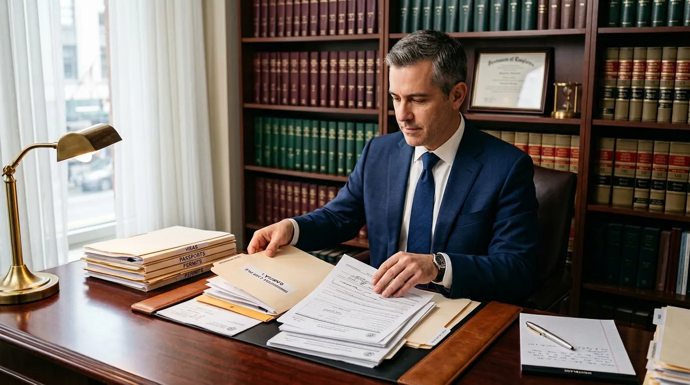 Homme en costume bleu consultant documents dans bureau juridique