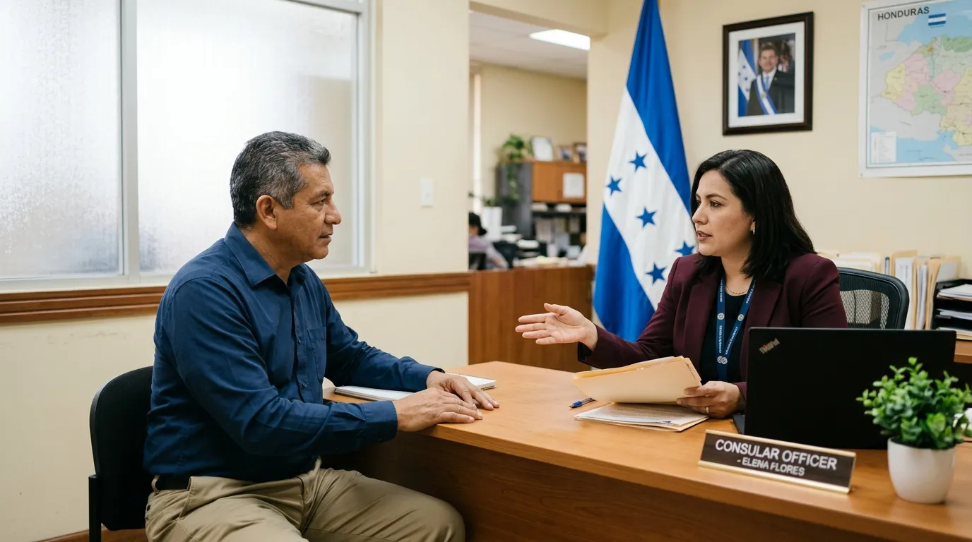 Officier consulaire en entretien avec un visiteur dans un bureau