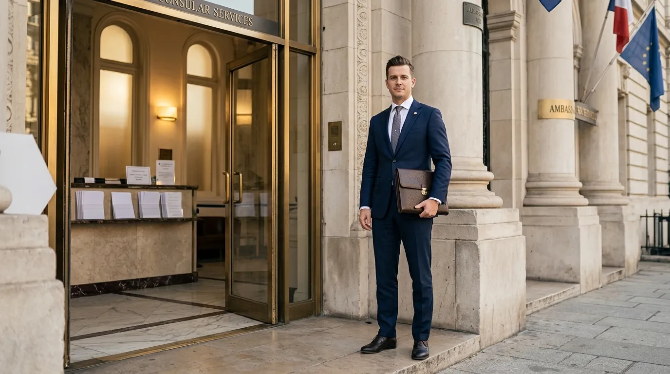 Homme en costume bleu devant entrée ambassade avec drapeaux
