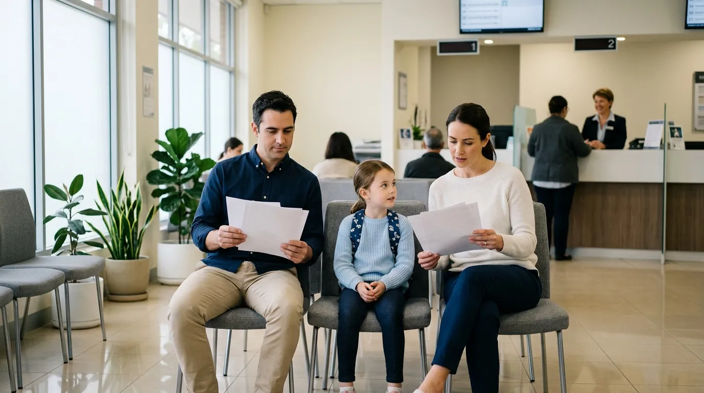Famille assise dans une salle d'attente médicale moderne