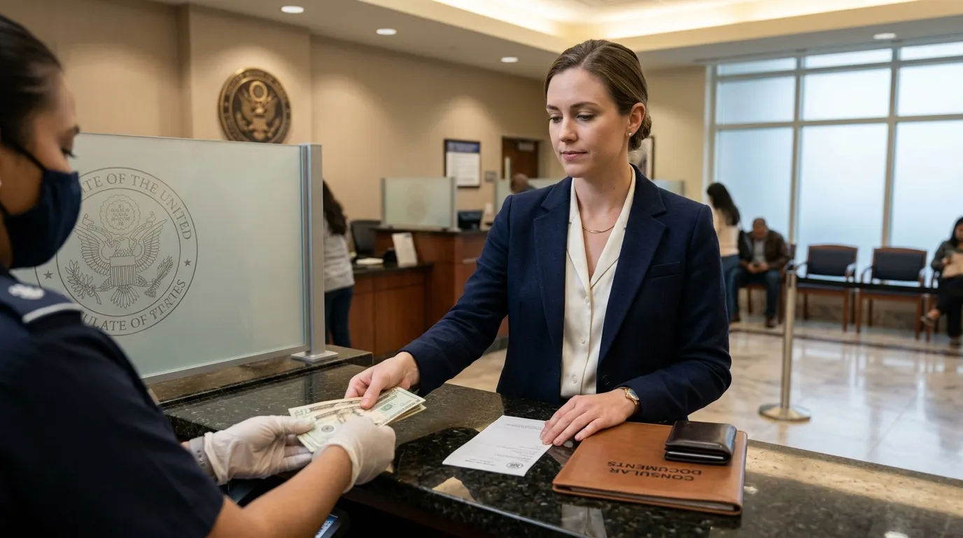 Femme remettant des documents à un officier consulaire