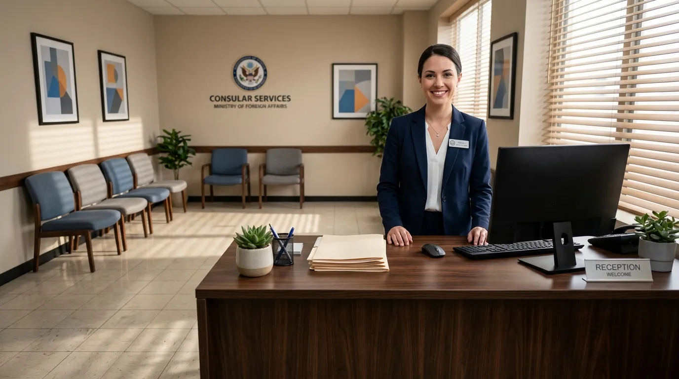 Employée souriante à la réception d'un consulat américain