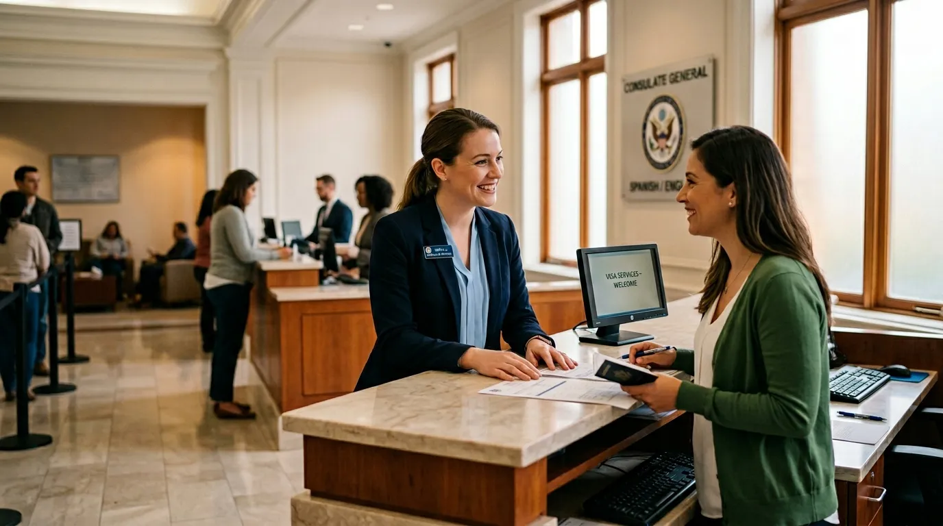 Femme &agrave; guichet consulat am&eacute;ricain accueille cliente souriante