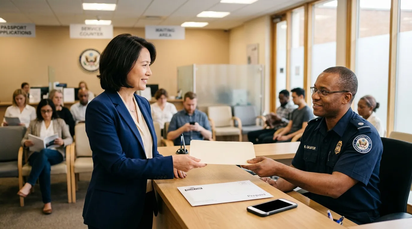 Femme en costume remet un document &agrave; un officiel consulaire souriant