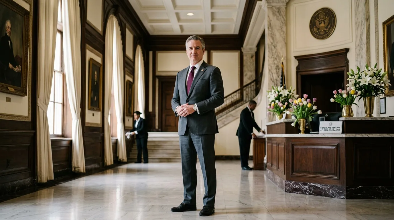 Homme en costume dans un couloir officiel avec portraits et fleurs