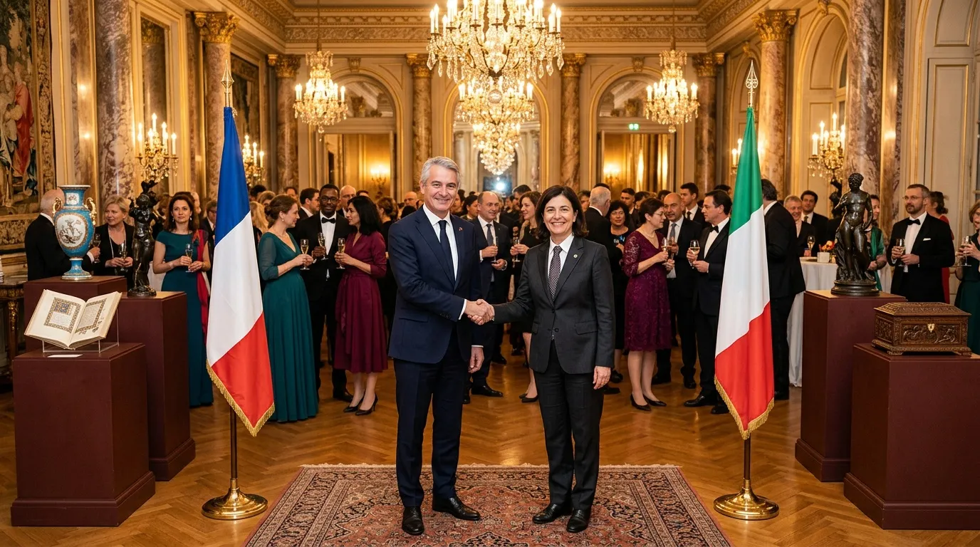 Deux diplomates serrent la main lors d'une réception élégante