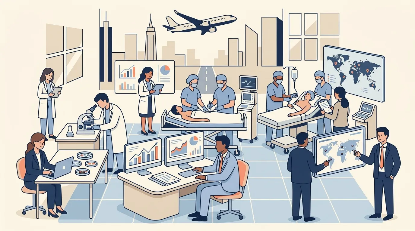 Illustration de professionnels de santé travaillant dans un environnement international moderne