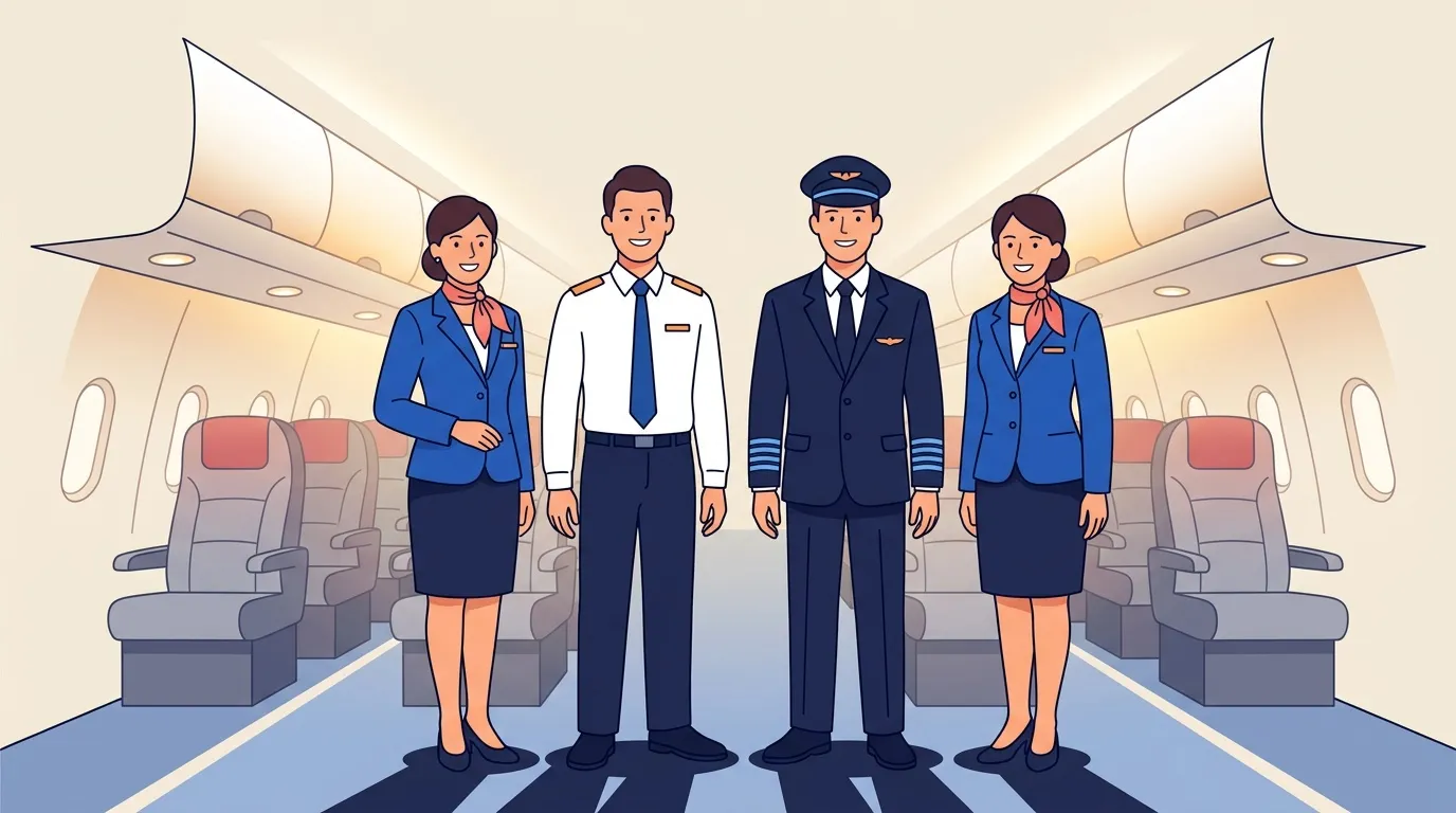 Quatre membres d'équipage souriants dans un avion commercial