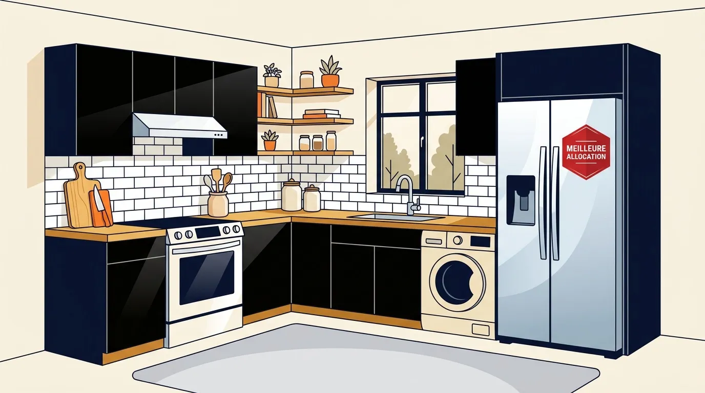 Cuisine équipée avec réfrigérateur, cuisinière, lave-linge et étagères