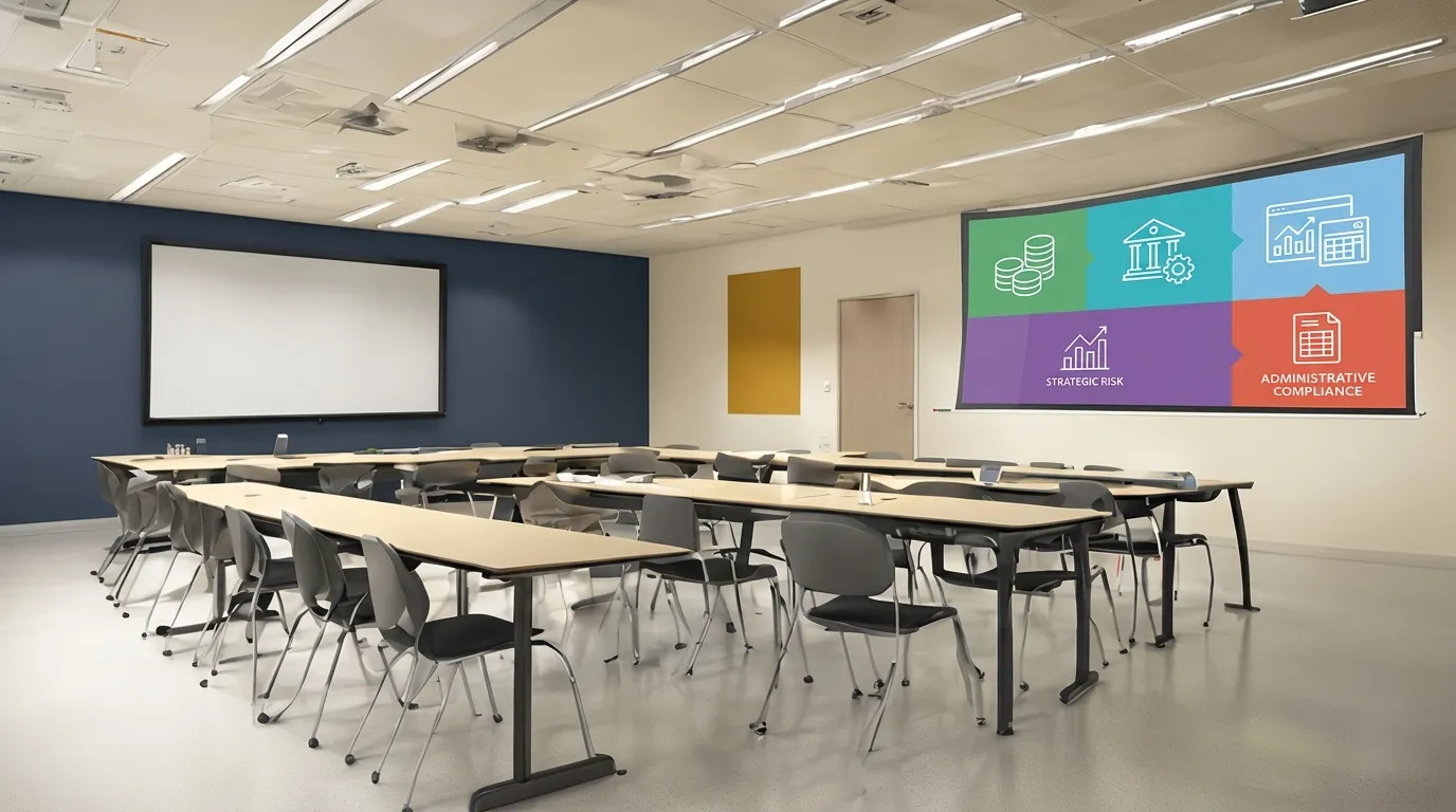 Salle de conférence équipée de tables, chaises et écrans numériques