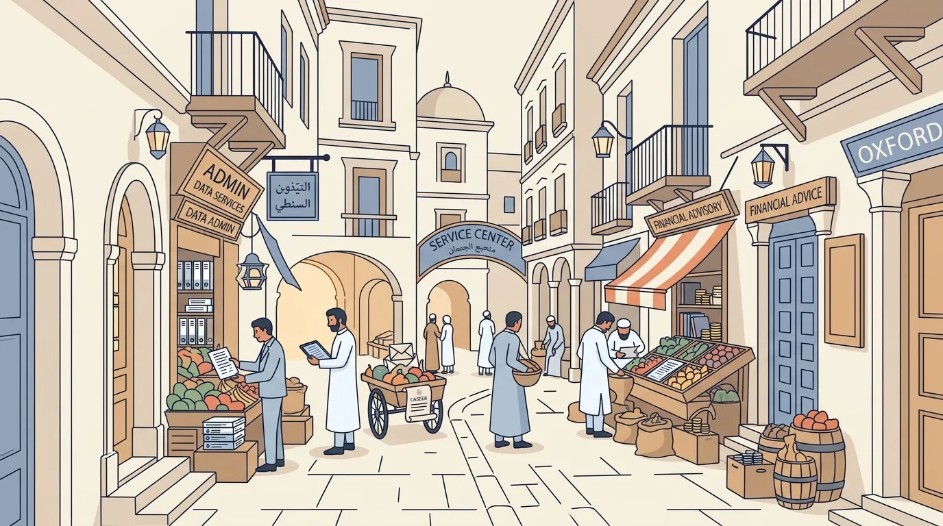 Illustration d'un souk animé avec commerçants, clients et étals de fruits