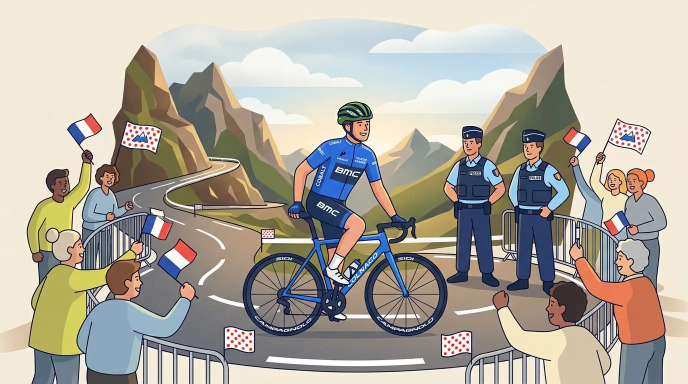 Coureur cycliste BMC acclamé par foule et police