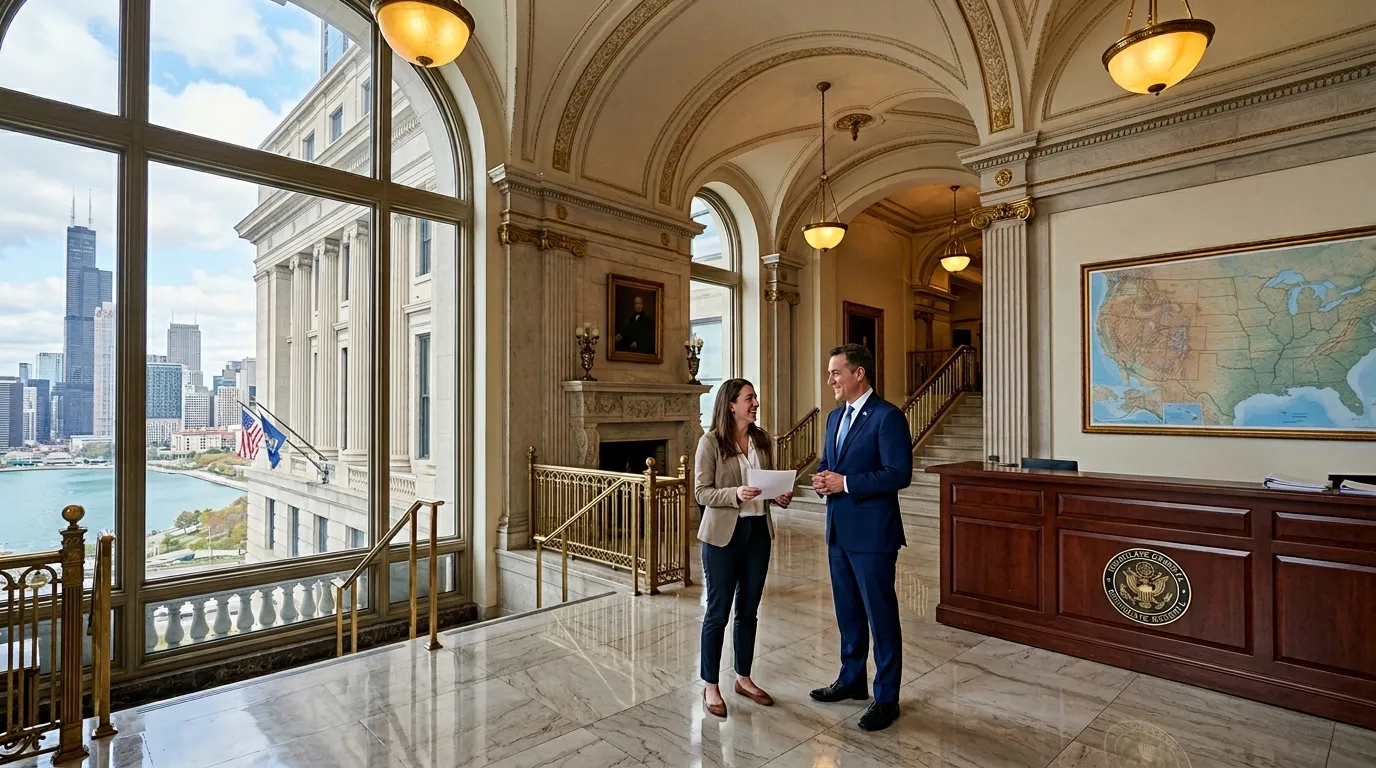 Deux professionnels discutent dans un couloir majestueux avec vue sur Chicago