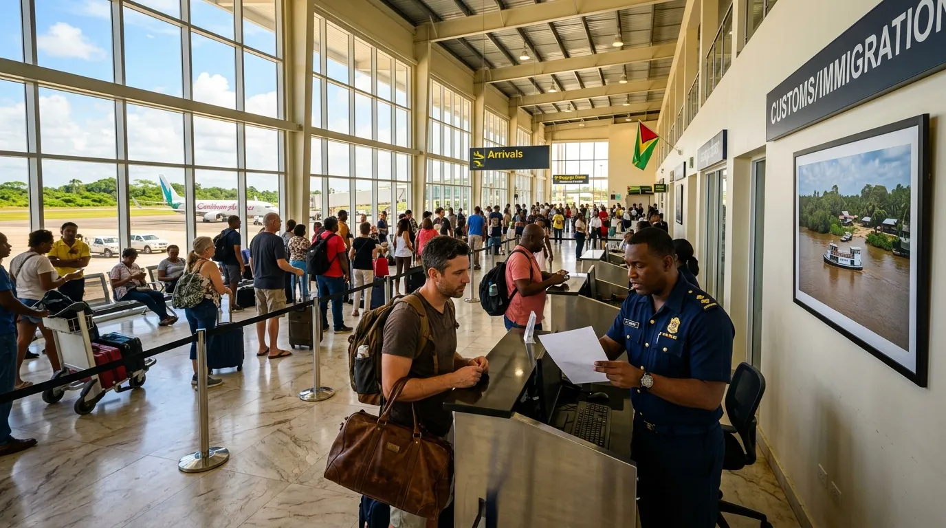 Passagers à la douane dans terminal aéroport tropical