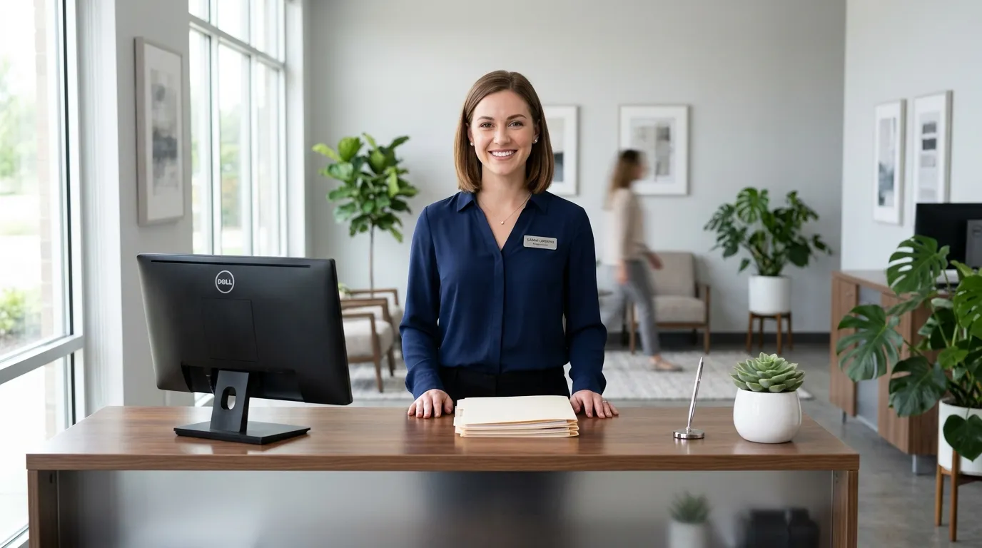 Femme en uniforme bleu derrière un bureau accueillant