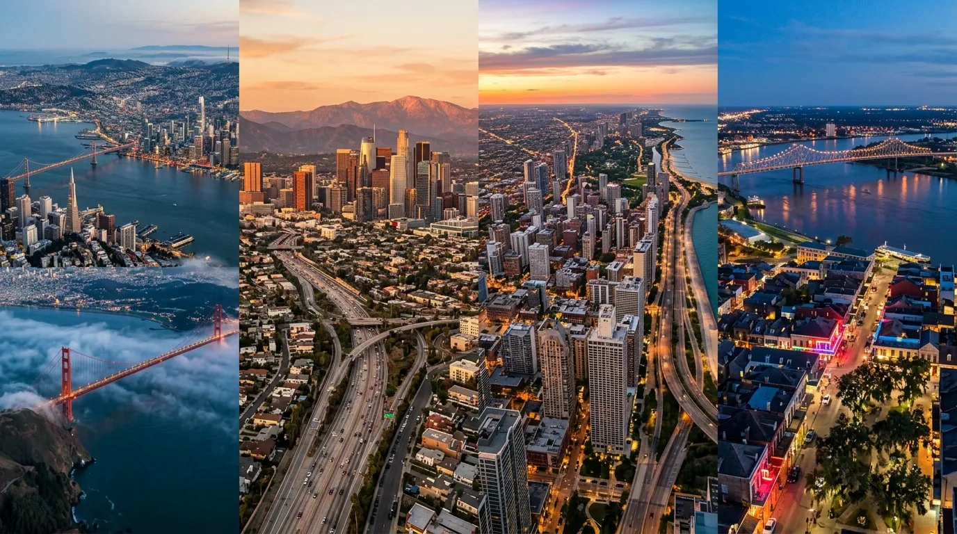 Collage de quatre villes américaines illuminées au crépuscule