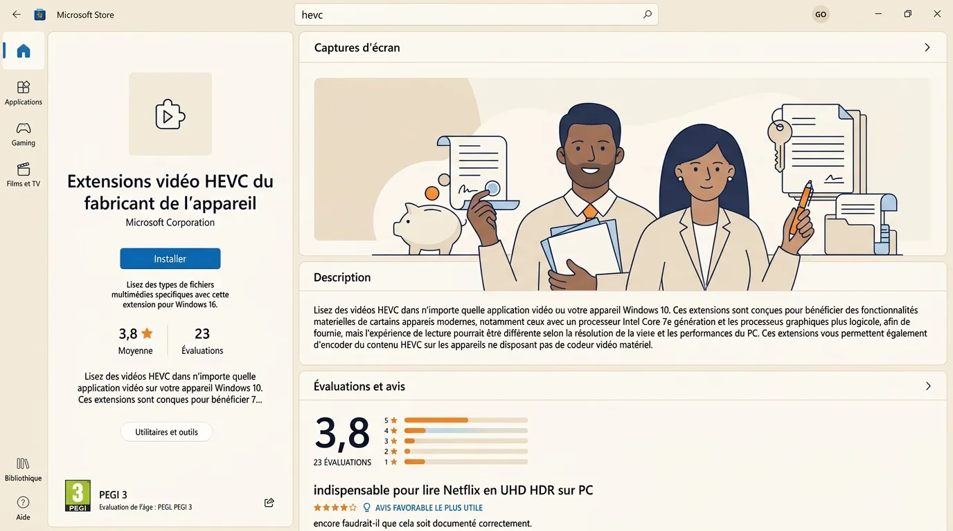 Page Microsoft Store affichant l'extension vidéo HEVC du fabricant