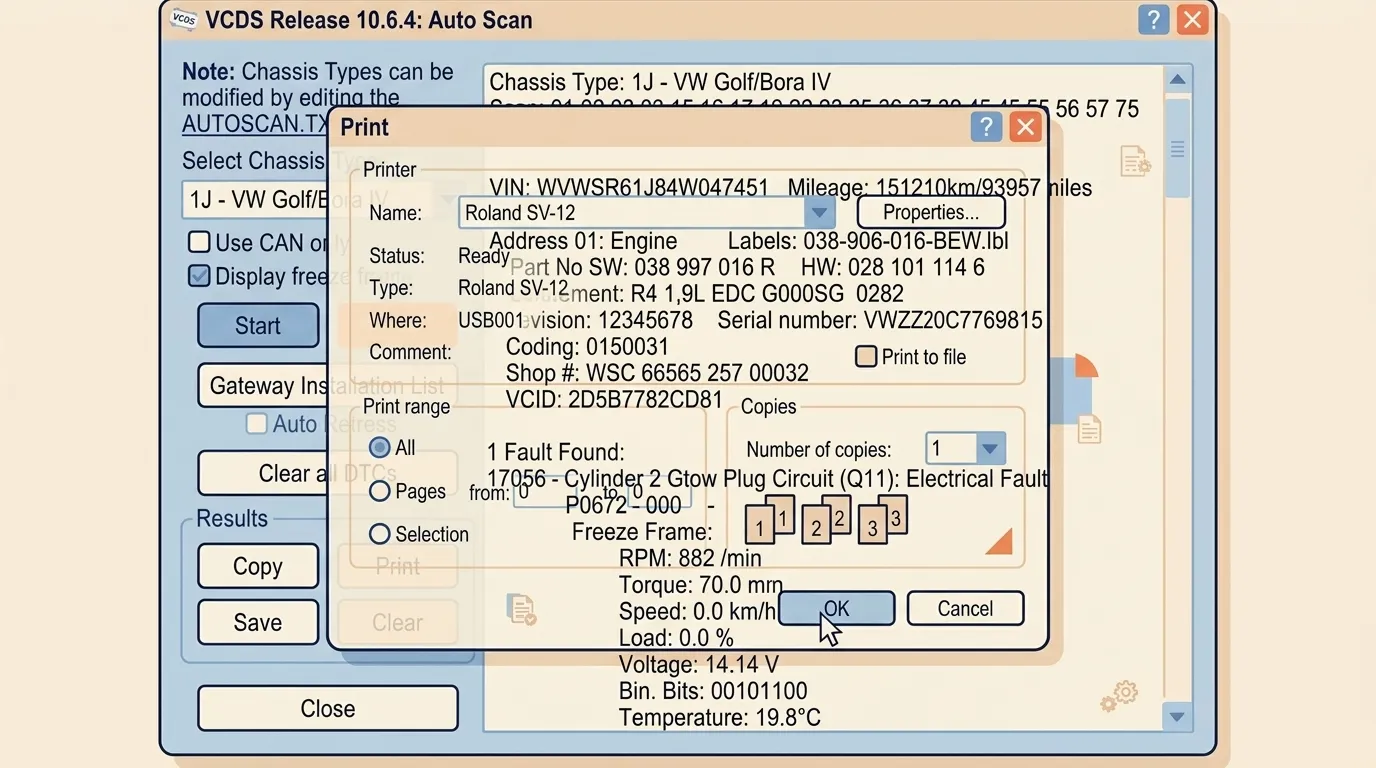 Interface de diagnostic automobile VCDS avec r&eacute;sultats scan et d&eacute;faut d&eacute;tect&eacute;