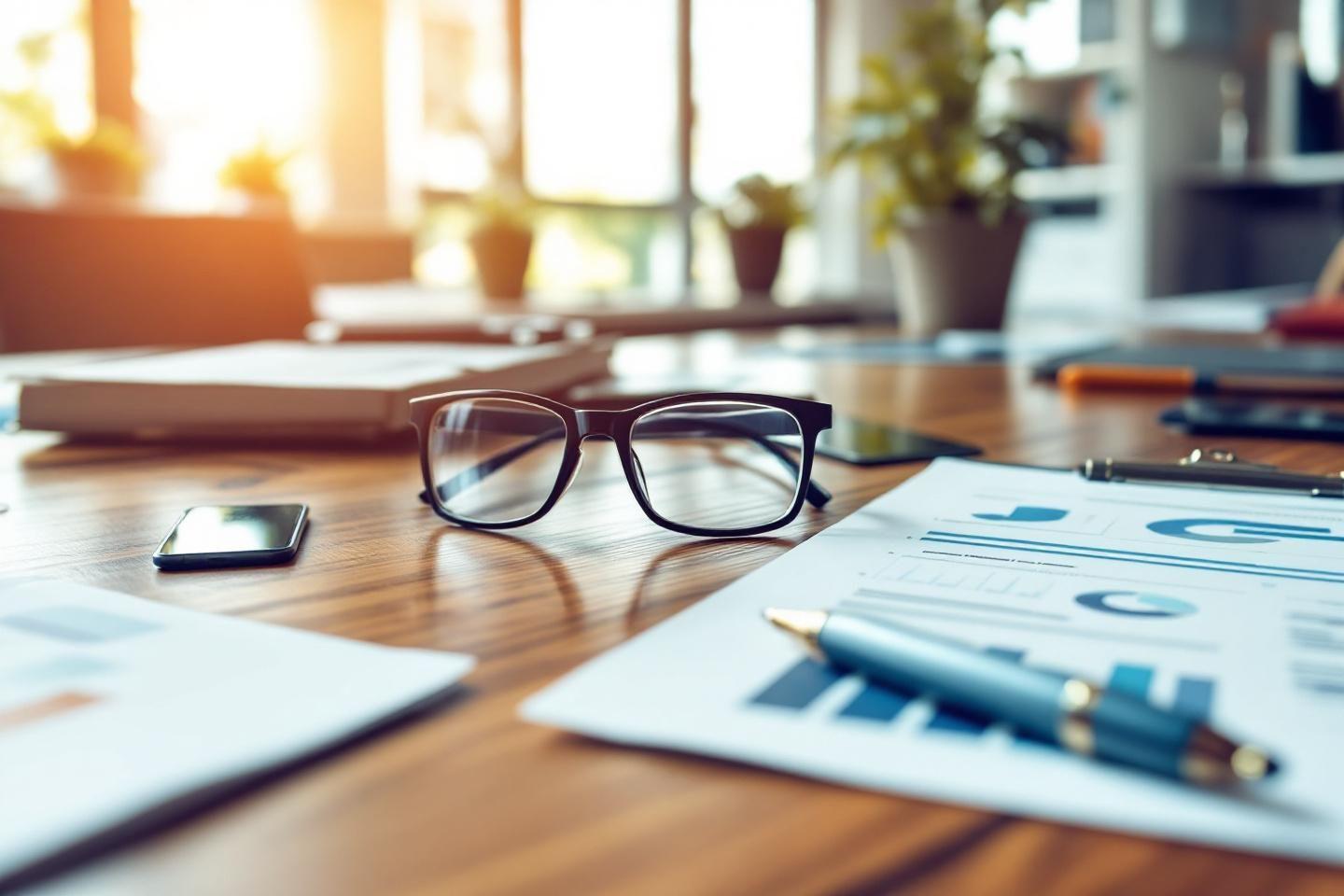 Lunettes sur documents graphiques, smartphone et plantes en arrière-plan