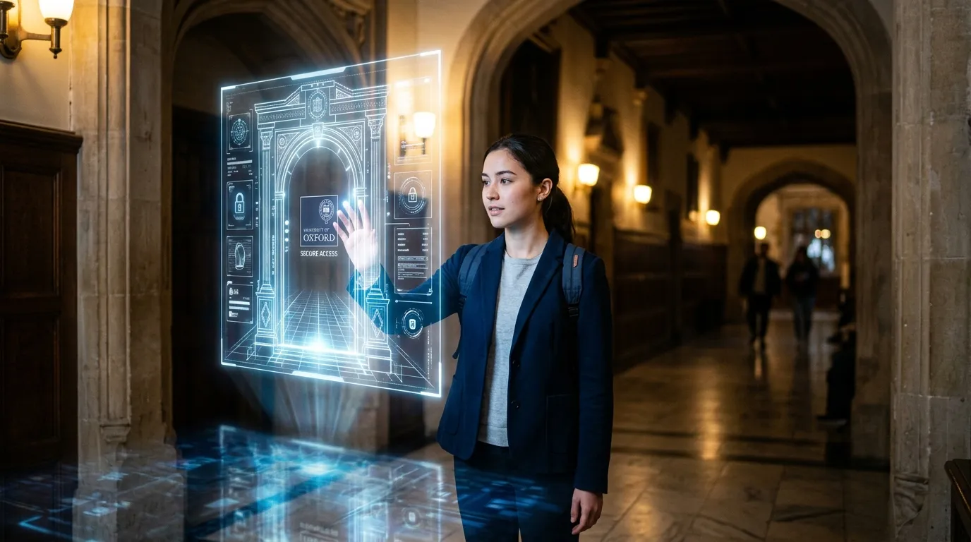 Femme devant panneau numérique holographique de sécurité