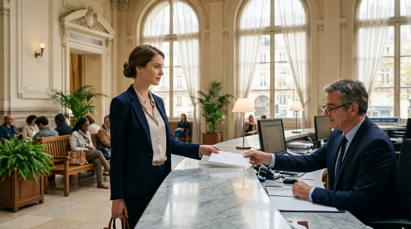 Femme d'affaires remettant document à réceptionniste dans hall élégant