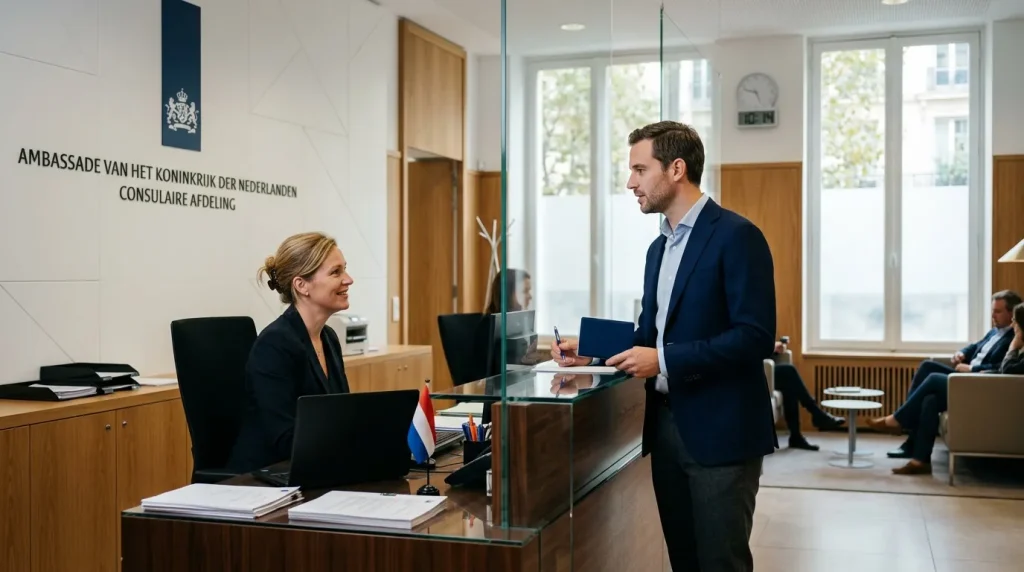 Homme et femme en discussion professionnelle dans un bureau diplomatique