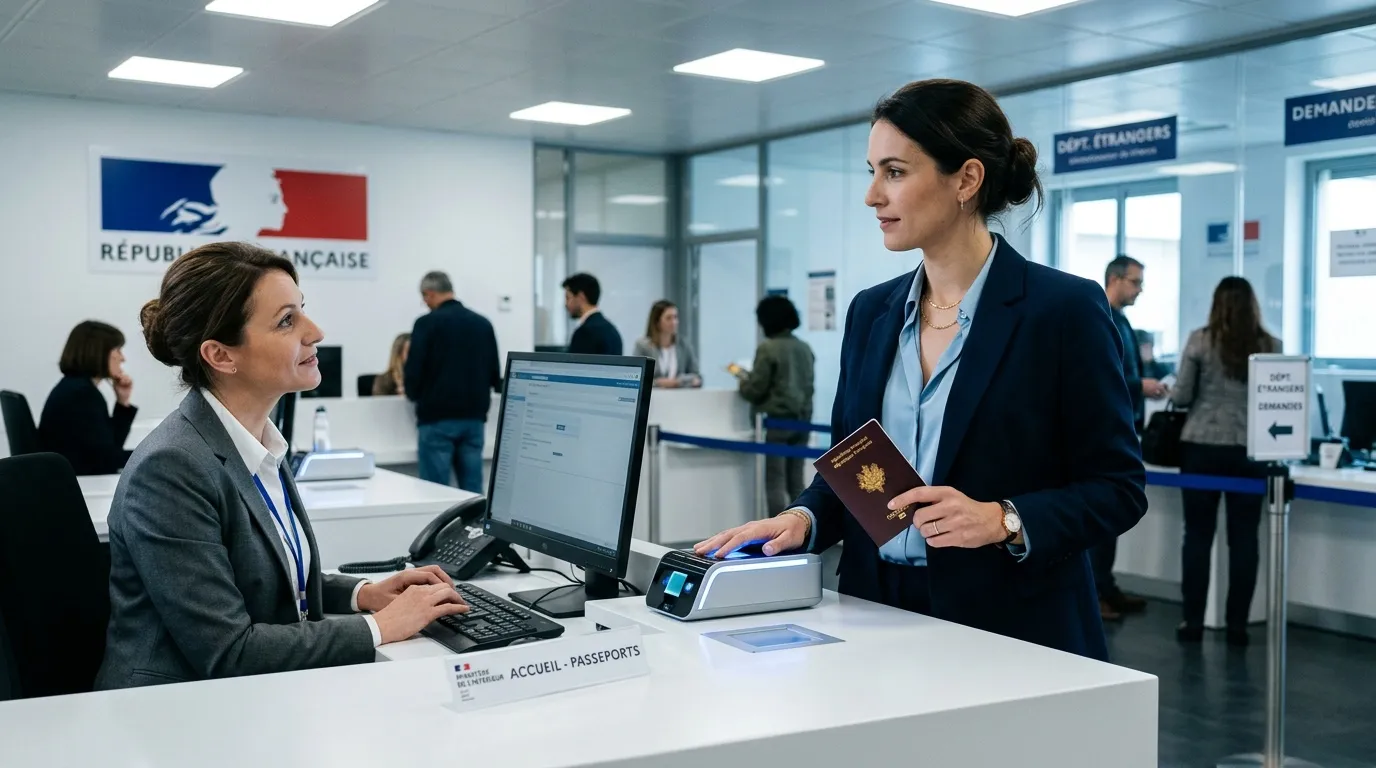 Femme présentant passeport à agent d'accueil administrative