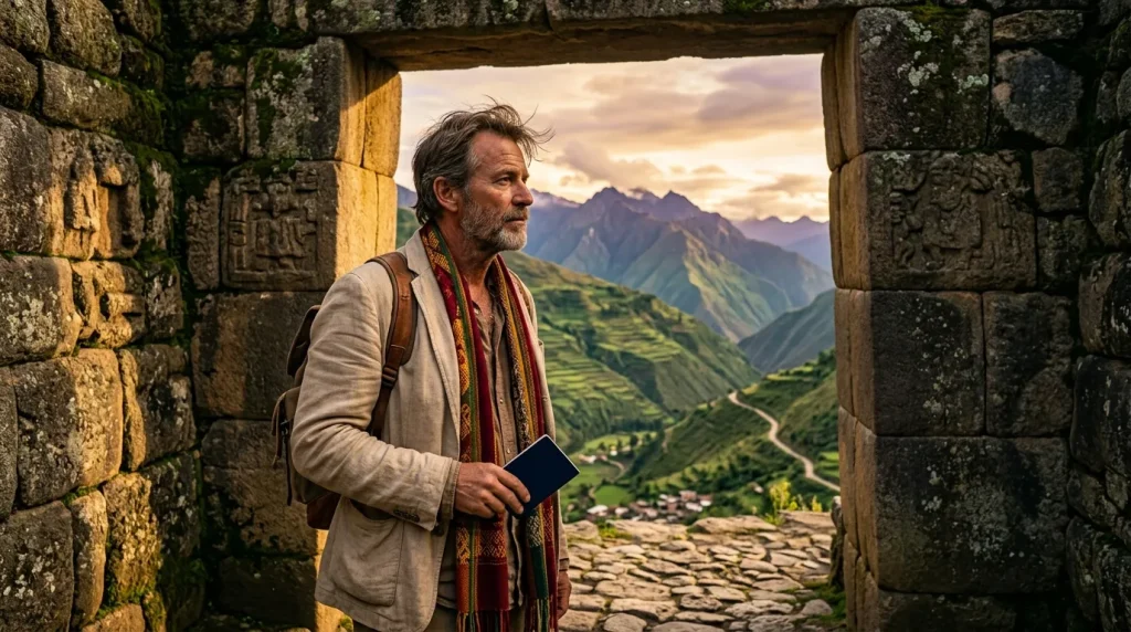 Homme voyageur observant une vallée montagnarde depuis une porte en pierre