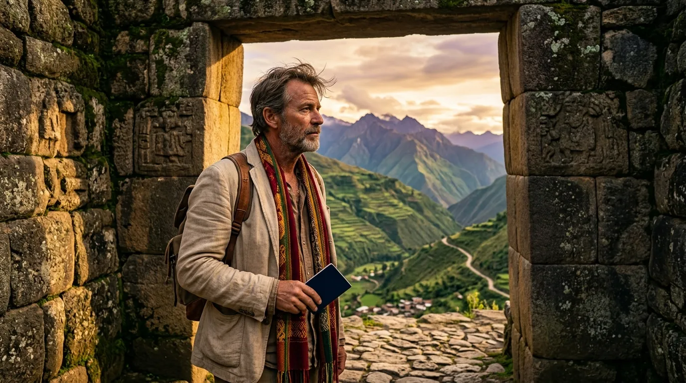Homme voyageur observant une vallée montagnarde depuis une porte en pierre