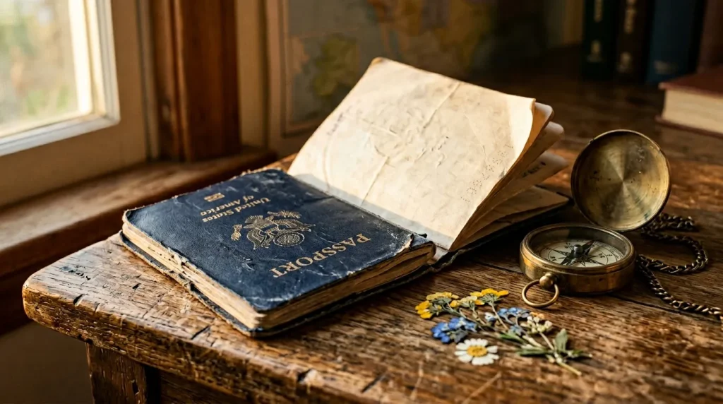 Livres anciens, boussole et carte sur table en bois