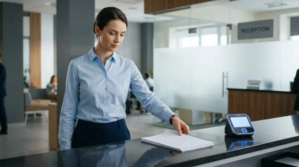 Femme en chemise bleue à la réception d'accueil