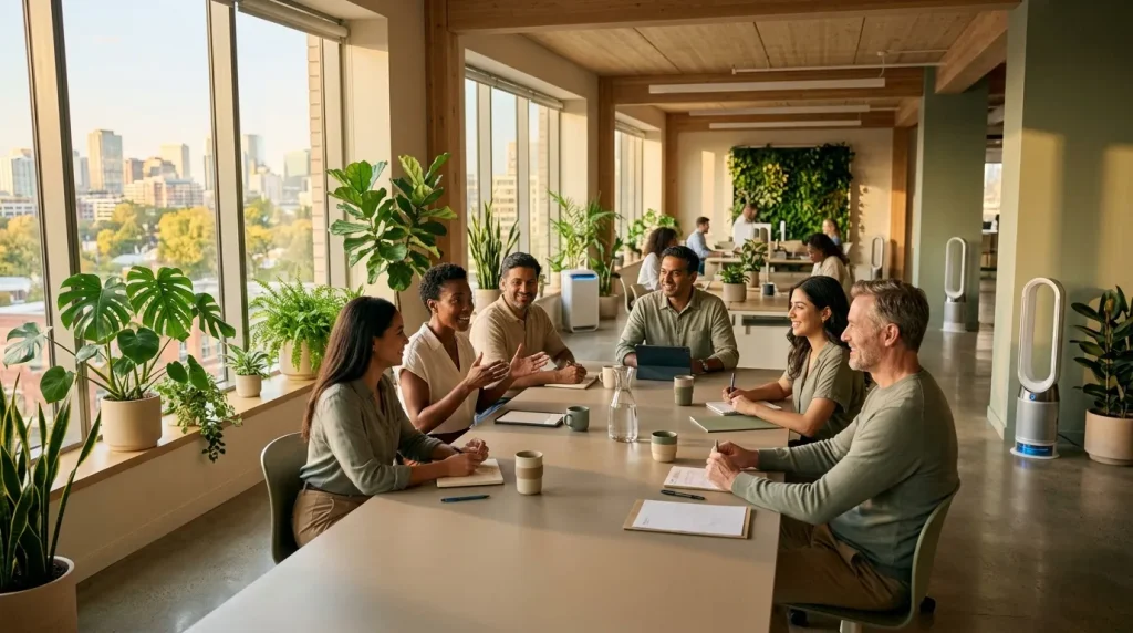 Six professionnels discutent autour d'une table de conférence lumineuse