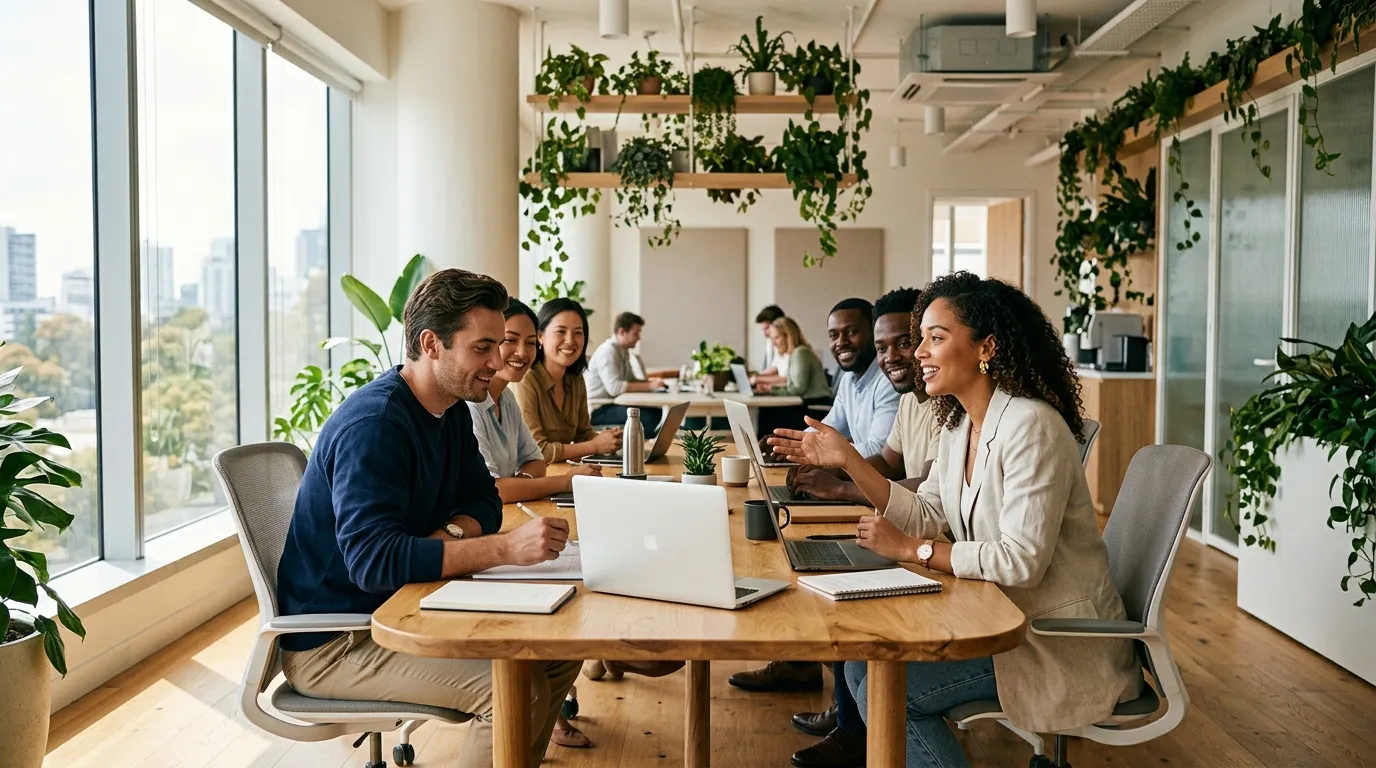 &Eacute;quipe diverse r&eacute;unie autour d'une table dans un bureau lumineux