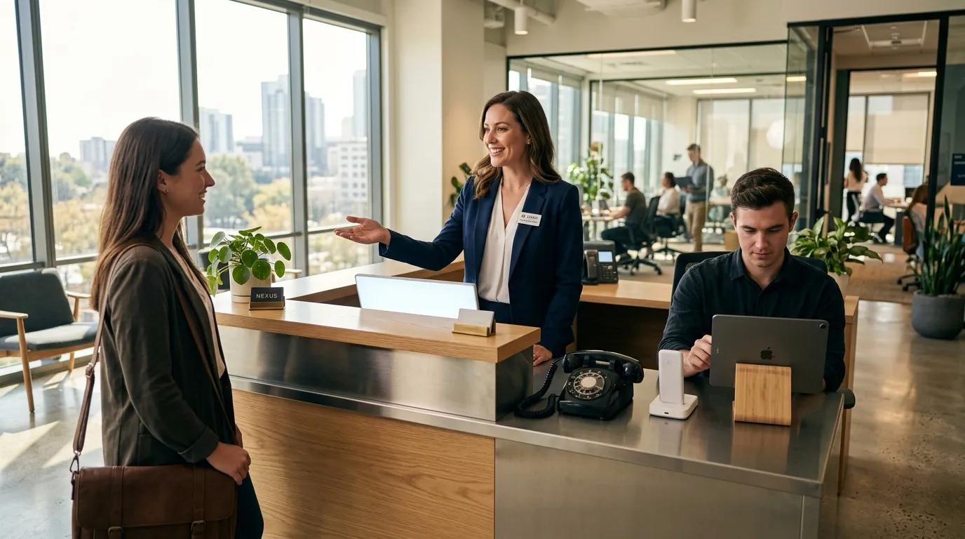 Femme &agrave; la r&eacute;ception accueille une cliente dans un bureau moderne