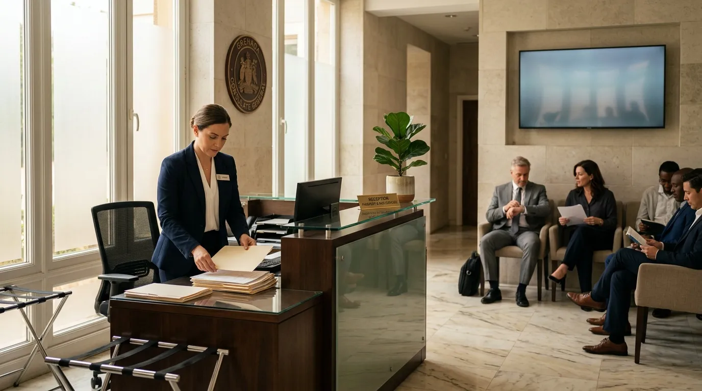 R&eacute;ceptionniste au bureau accueillant des clients en attente