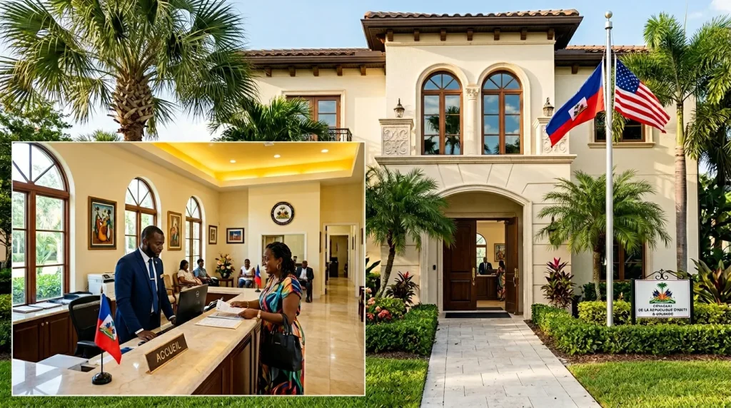 Bâtiment diplomatique avec drapeaux haïtien et américain, réception intérieure