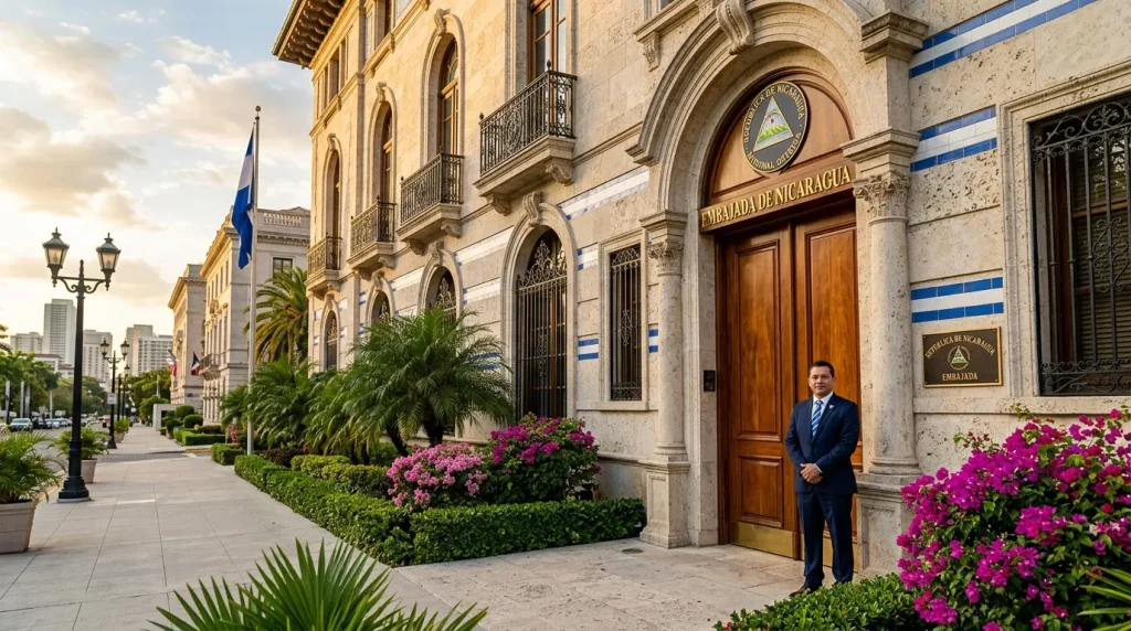 Bâtiment colonial avec drapeau nicaraguayen et fleurs magenta