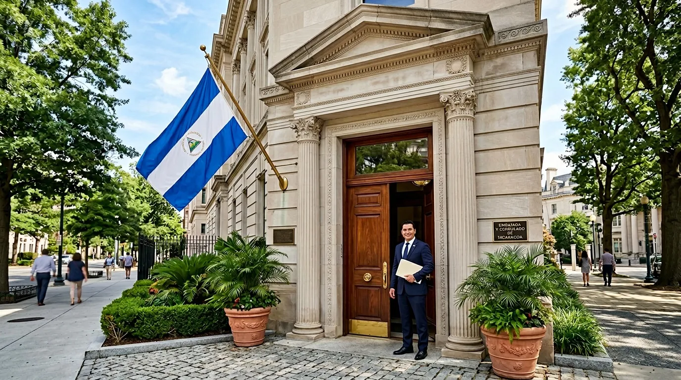 Diplomate devant l'ambassade nicaraguayenne, drapeau bleu blanc bleu