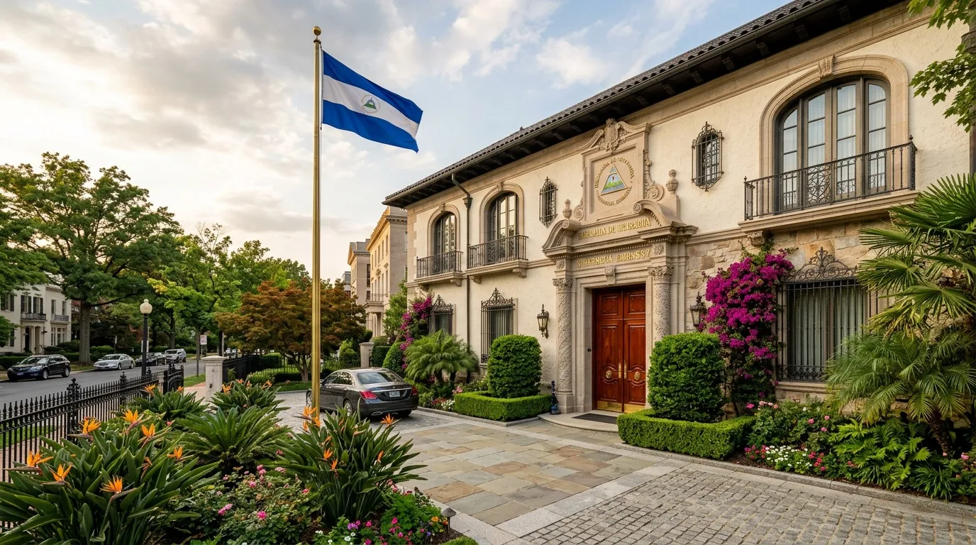 Bâtiment colonial blanc avec drapeau nicaraguayen et fleurs roses