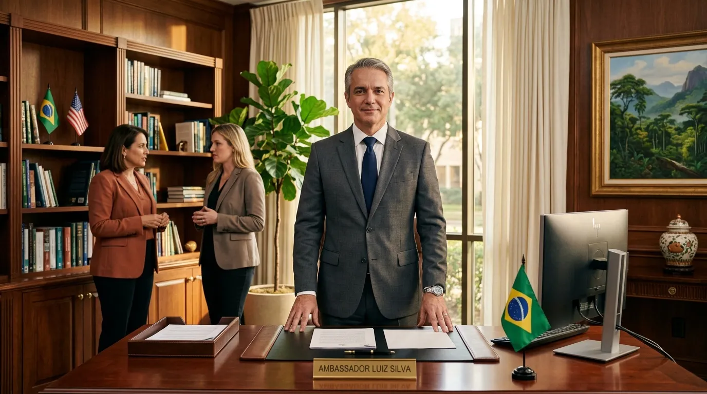 Ambassadeur Luiz Silva posant dans son bureau diplomatique élégant