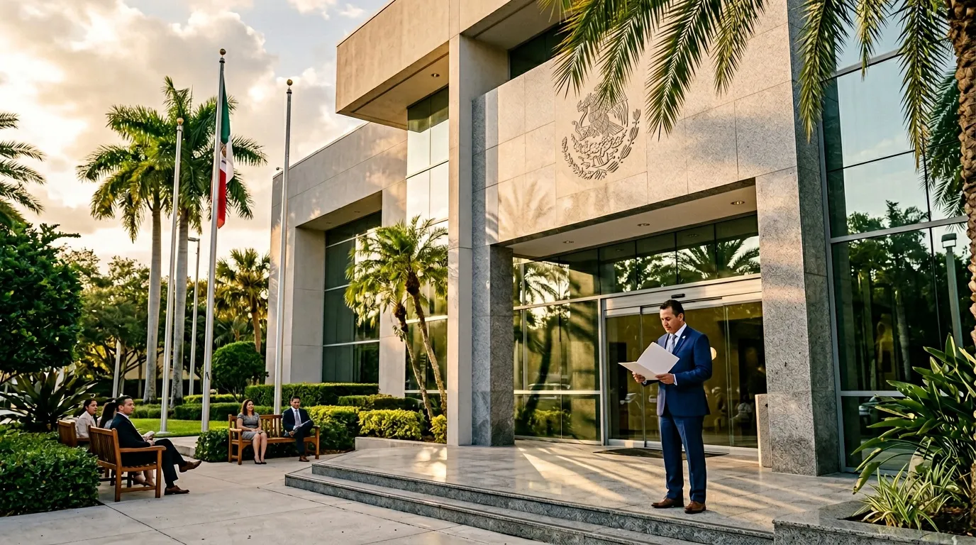 Homme en costume bleu devant immeuble gouvernemental mexicain