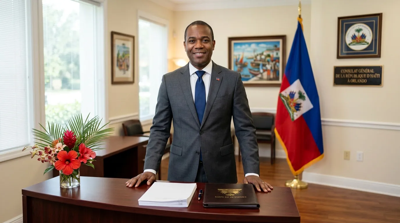 Homme en costume gris devant drapeau haïtien dans bureau consulaire