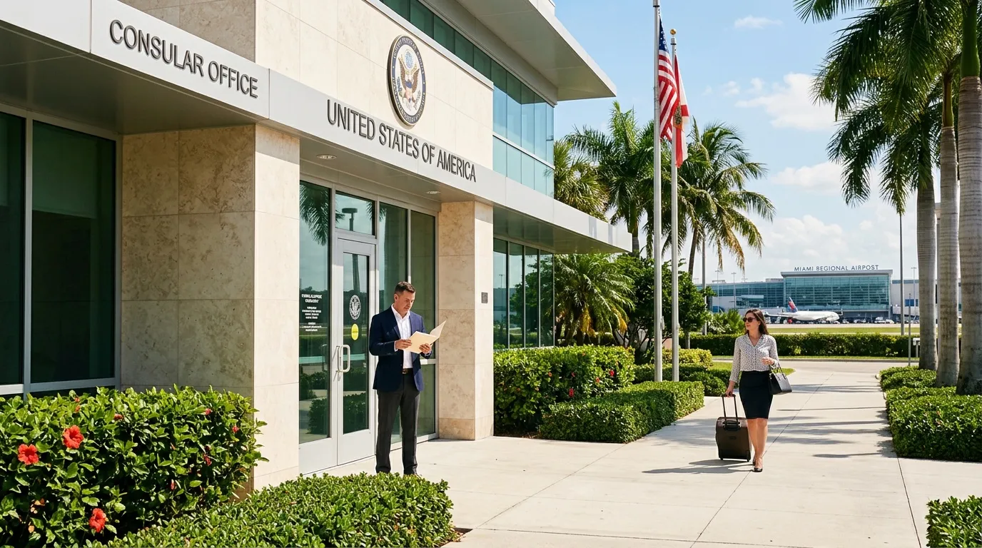 B&acirc;timent du consulat am&eacute;ricain avec drapeau USA et a&eacute;roport en arri&egrave;re-plan