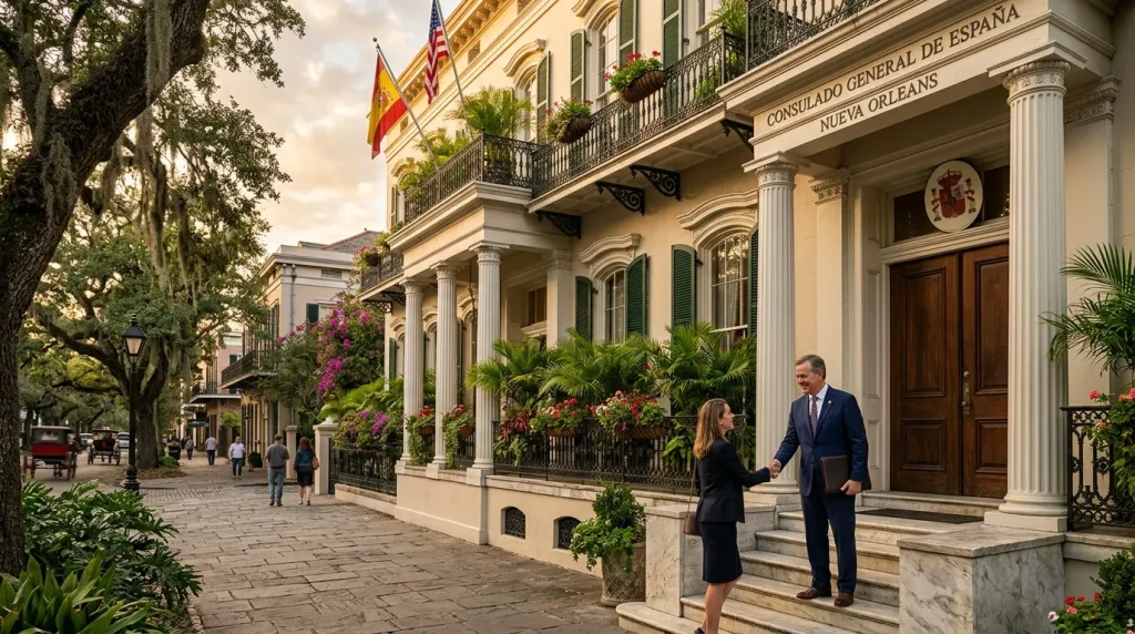 Bâtiment colonial avec colonnes, drapeaux espagnols et américains