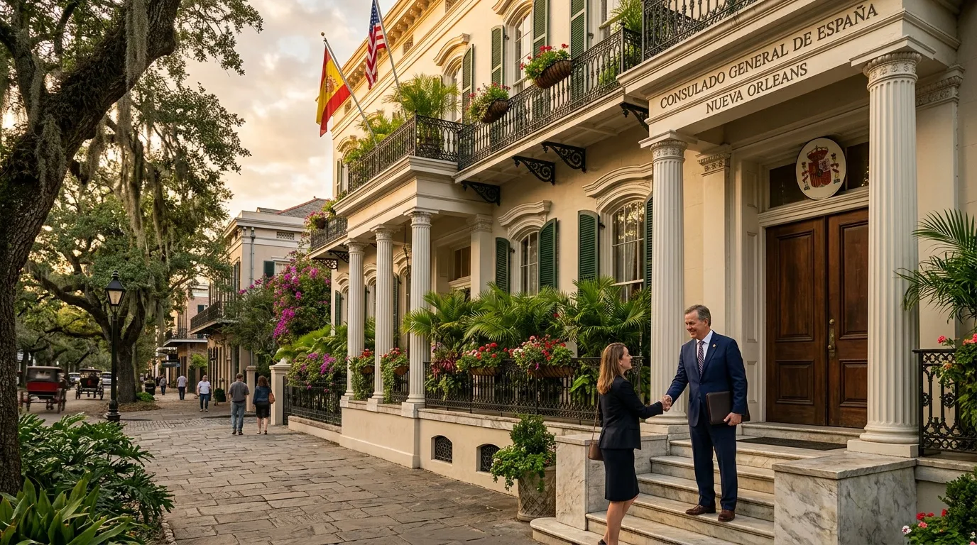 Bâtiment colonial avec colonnes, drapeaux espagnols et américains
