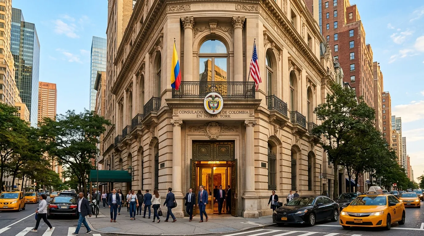 Bâtiment du Consulat de Colombie à New York avec drapeaux